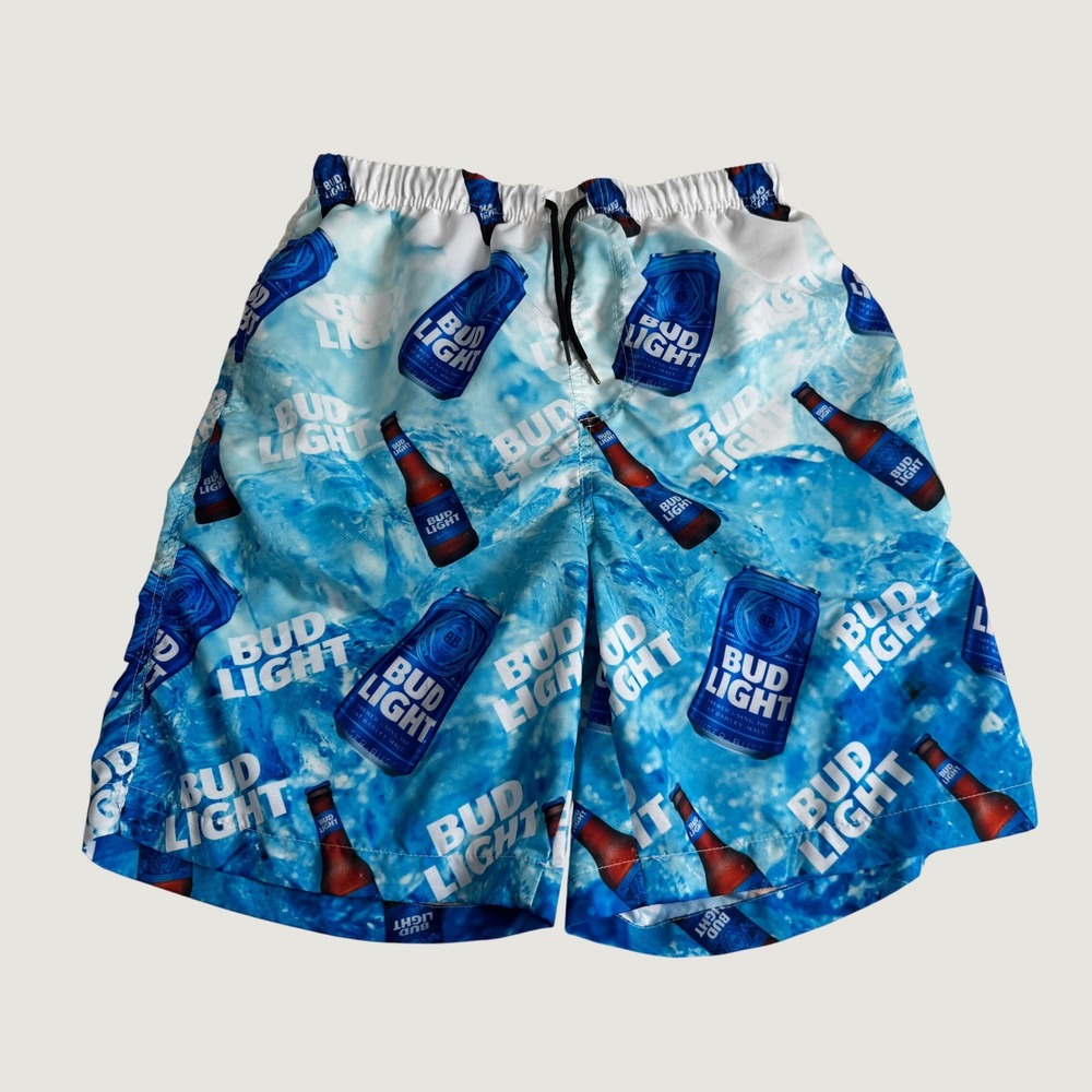 Bud Light Mens Blue All Over Beer Print Swim Trunks Board Shorts Size Medium